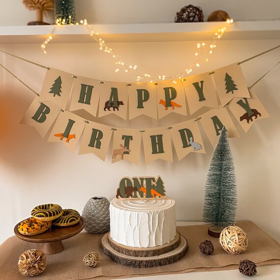 Forest Animal Happy Birthday Banner & Cake Topper Set - Fox Theme Kids Party Decorations