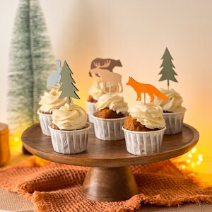 Winter Forest Theme Wooden Cupcake Toppers - 16 Pieces For Birthday, Baby Shower, Christmas Party