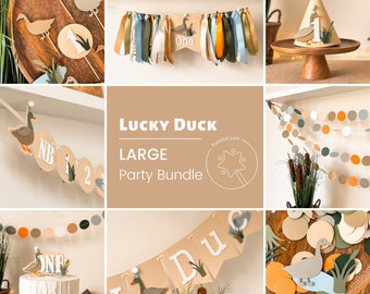 Decoraciones de primer cumpleaños de One Lucky Duck, fiesta de pato mallard, paquete de fiesta de 1er cumpleaños para niño, estandarte de cumpleaños de Lucky Duck, 1er cumpleaños de otoño