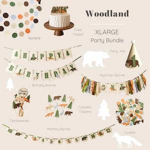 Woodland 1st Birthday Bundle, Forest Animals Party Decorations
