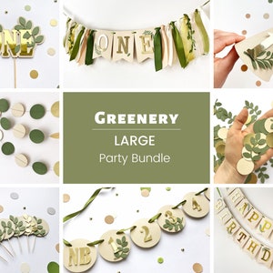 Greenery 1st Birthday Bundle, Sage Green One Year Party, Neutral Birthday Decor, Olive Green Banner