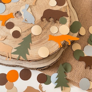 Bosconfetti, bosdieren feestdecor, bos babyshower, jongen 1e verjaardag, papieren confetti vos beer