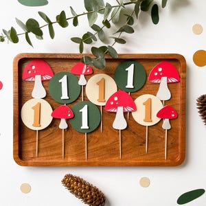 Mushroom Highchair Banner, Fairy First Birthday, Toadstool Party Decor 12 Cupcake Toppers