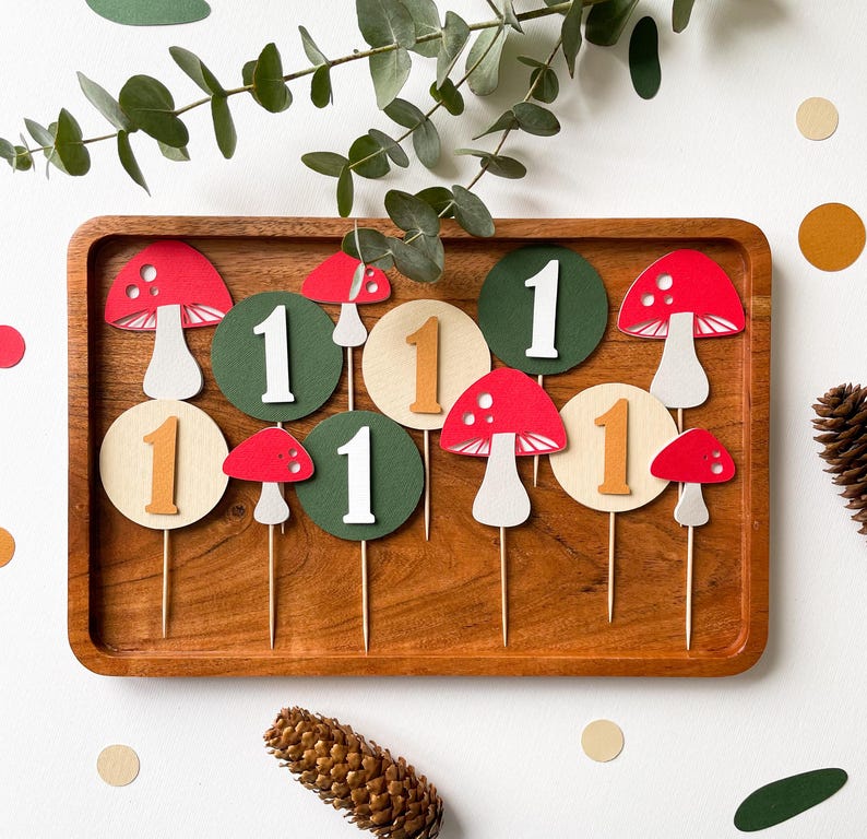 Mushroom Highchair Banner, Fairy First Birthday, Toadstool Party Decor 12 Cupcake Toppers