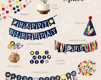 Paquete de decoraciones de cumpleaños espaciales: Fiesta del Primer Viaje Alrededor del Sol