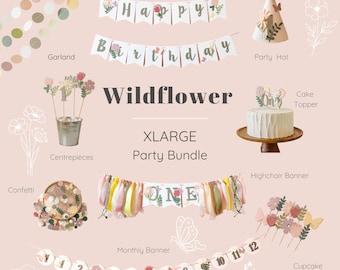 May include: A Wildflower XLARGE Party Bundle featuring a Happy Birthday banner, party hat, cake topper, centrepieces, confetti, highchair banner, monthly banner, and cupcake toppers with floral and butterfly motifs in muted earth tones.