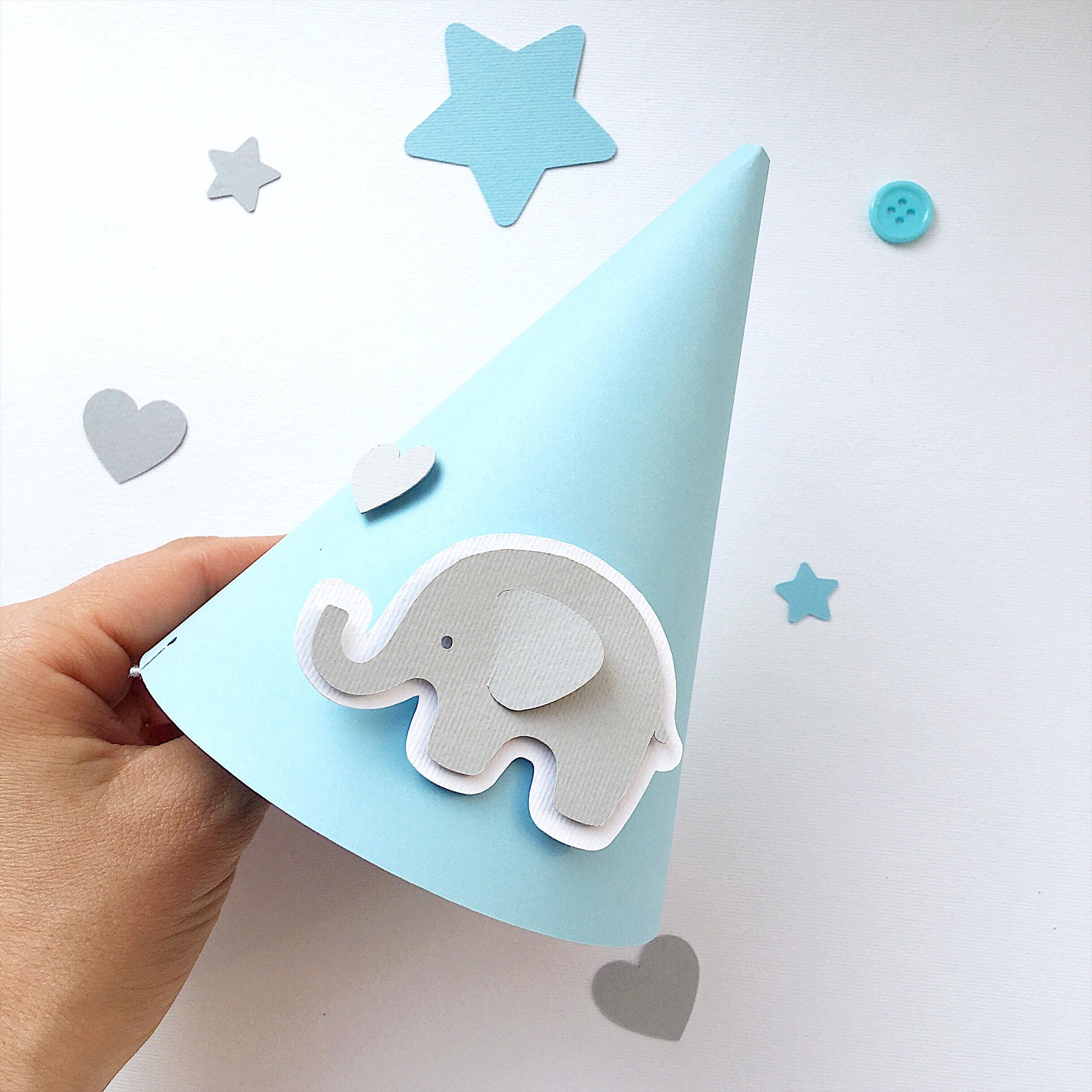 Set of 6 Blue Grey Elephant Party Hats Baby Boy 1st Birthday Etsy