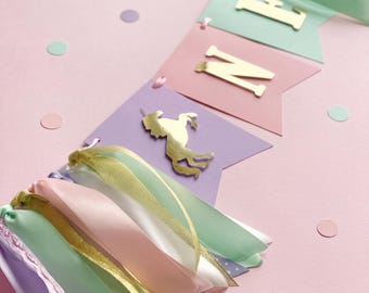 Guirnalda de unicornio para trona de primer cumpleaños - Decoraciones para fiesta de arcoíris pastel