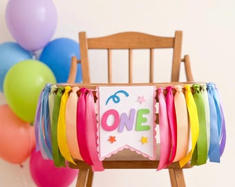 Fun To Be One Girl Birthday Highchair Banner - Bright Colorful Decorations