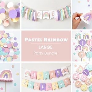 Pastel Rainbow Birthday Decorations, 1st Birthday Bundle, Rainbow Banner, Girl One Year Birthday