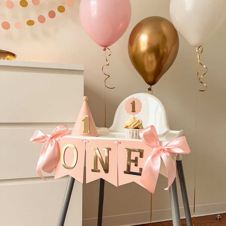 High Chair Banner Girl 1st Birthday Decorations Toddler 1st Birthday Blush Gold Banner Baby Girl First Birthday One Year Birthday Party