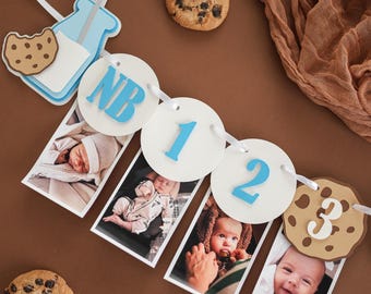 Banner de hitos de leche y galletas - Banner de fotos del mes del niño de un dulce año