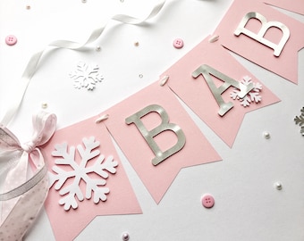 Banner de baby shower de País de las Maravillas Invernal - Decoraciones para fiesta navideña con copos de nieve
