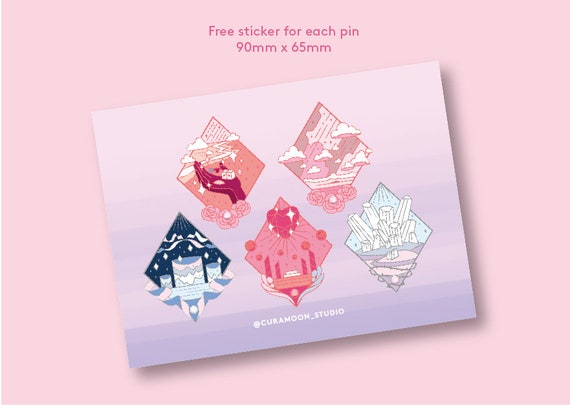 Steven Universe concept pin designs! Total 7 designs are available including NEW Lapis and Peridot pins    DETAIL  Steven • 25mm x 30mm / rose gold (copper plating) / soft enamel / cap - plain  Pearl • 25mm x 30mm / rhodium plating / soft enamel / cap - plain  Garnet • 25mm x 30mm / rose