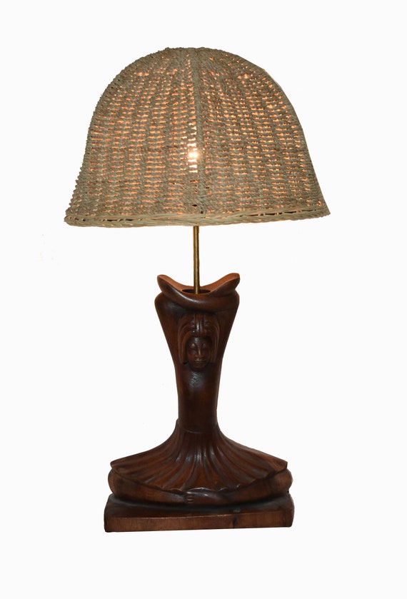 carved wood table lamp