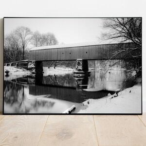 Covered Bridge in a snow storm, Black and White Print, Covered Bridge Wall Art, Tyler Schofield Ford Covered Bridge Print, Fine Art Print