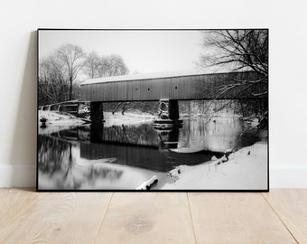 Covered Bridge in a snow storm, Black and White Print, Covered Bridge Wall Art, Tyler Schofield Ford Covered Bridge Print, Fine Art Print