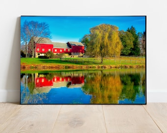 Bondgård i Bucks County, bondgård, bondgård i Bucks County, reflektion av bondgårdssjö, landskap i Bucks County, tryck av bondgård, foto av bondgård