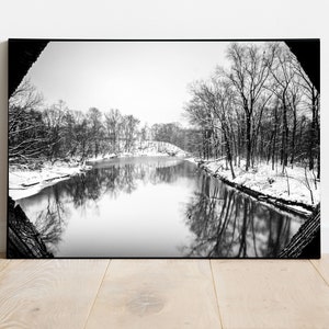Looking out the covered bridge window in a snow storm, Black and White Print, Covered Bridge Wall Art, Tyler Schofield Ford Covered Bridge