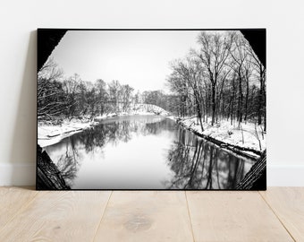 Looking out the covered bridge window in a snow storm, Black and White Print, Covered Bridge Wall Art, Tyler Schofield Ford Covered Bridge