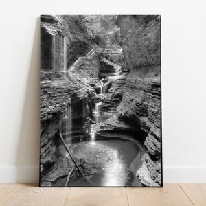 Rainbow Falls, Watkins Glen Waterfall Print, Finger Lakes NY, Waterfall Photo, Waterfall Print, Watkins Glen Park Print Black and White