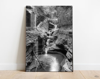 Rainbow Falls, Watkins Glen Waterfall Print, Finger Lakes NY, Waterfall Photo, Waterfall Print, Watkins Glen Park Print Black and White