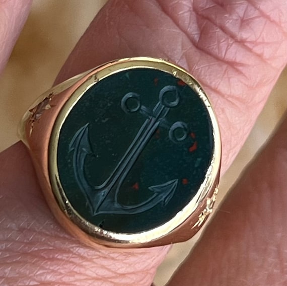 Antique 18k Bloodstone signet ring with diamonds - image 1
