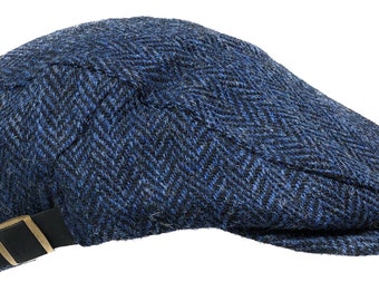 Harris Tweed Ladies or Gents Flat Cap in Navy Herringbone One Size Adjustable