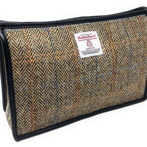 Harris Tweed Kulturbeutel in Braun Herringbone - Reine Wolle, wasserdichtes Futter, Reißverschluss