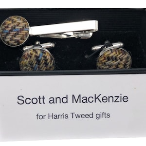 Harris Tweed Brown Herringbone Silver Plated Cufflinks and Tie Clip Handmade