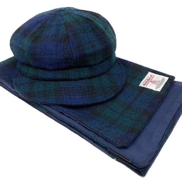 Harris Tweed Baker Boy Hat and Scarf Set in Black Watch Colours Blue Black and Green Tartan