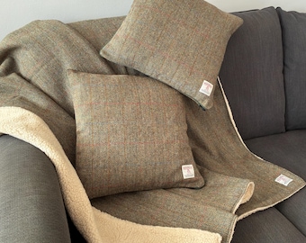 Harris Tweed Green Herringbone, Throw Blanket & Cushion Set, Sherpa Fleece Lined