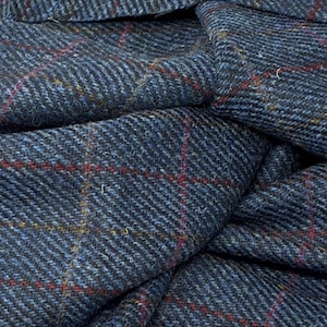 Harris Tweed Fabric – Blue with Red Overcheck, Pure Wool Cloth for Crafting & Upholstery