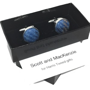 Harris Tweed Cufflinks in Blue Tartan and Silver Plated