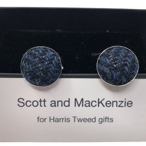Harris Tweed Blue and Black Herringbone Silver Plated Cufflinks Handmade