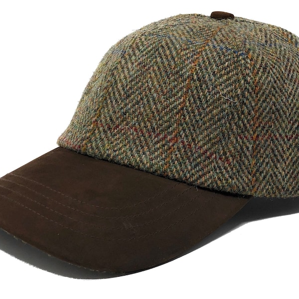 Harris Tweed Ladies or Gents Baseball Golf Cap in Green Herringbone