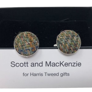 Harris Tweed Green Herringbone Silver Plated Cufflinks Handmade