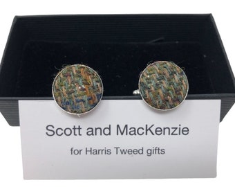 Harris Tweed Green Herringbone Silver Plated Cufflinks Handmade