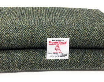 Harris Tweed Fabric - Green and Navy Herringbone Pure Wool, Craft & Upholstery Cloth