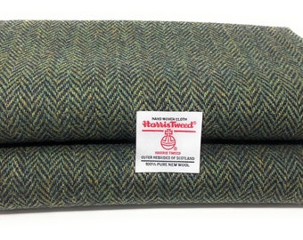 Harris Tweed Green and Navy Herringbone Fabric Various Sizes With Authenticity Labels