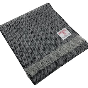 Harris Tweed Scarf in a Black and Grey Herringbone Design Handmade From Pure Wool