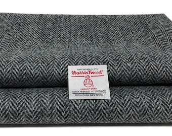 Harris Tweed Fabric – Black and Grey Herringbone Pure Wool – Handwoven, Various Sizes, Ideal for Crafting, Upholstery