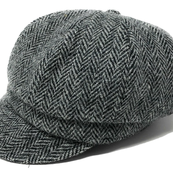 Damen Harris Tweed Baker Boy Hut in Schwarz und Grau Fischgrät