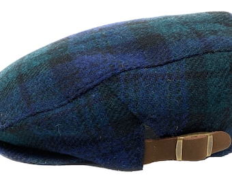 Harris Tweed Ladies or Gents Flat Cap in Black Watch Colours Blue Black and Green One Size Adjustable