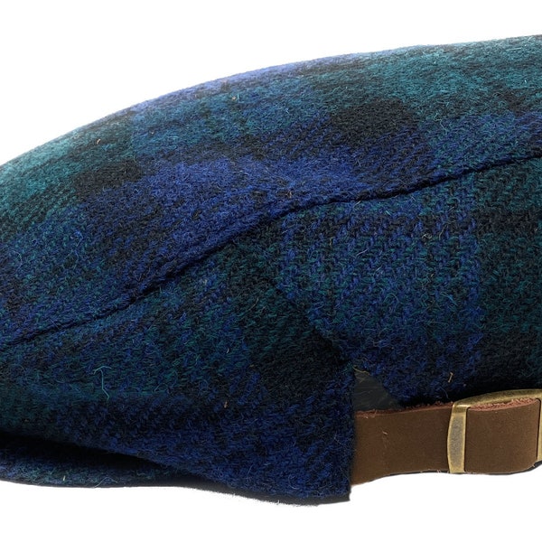 Harris Tweed Ladies or Gents Flat Cap in Black Watch Colours Blue Black and Green One Size Adjustable