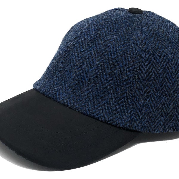 Berretto da golf unisex Harris Tweed da baseball in blu navy e nero a spina di pesce