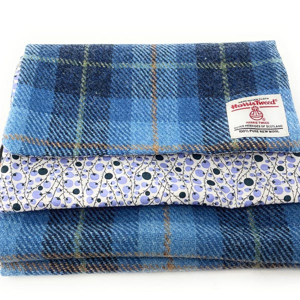 Bufanda auténtica de tweed Harris: lana escocesa azul, chal unisex escocés hecho a mano con forro de algodón.