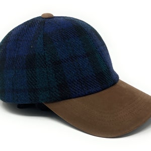 Baseballpet Harris Tweed: Black Watch-tartan, leren klep