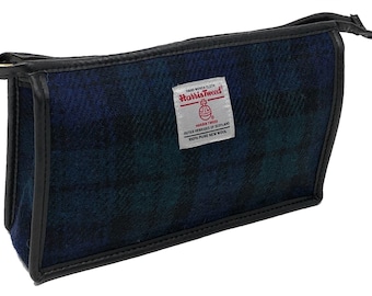 Harris Tweed Black Blue Green Tartan Cosmetic Toiletries Bag