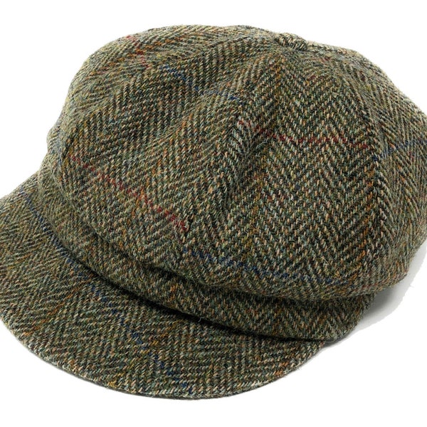 Ladies Harris Tweed Baker Boy Hat in Green Herringbone